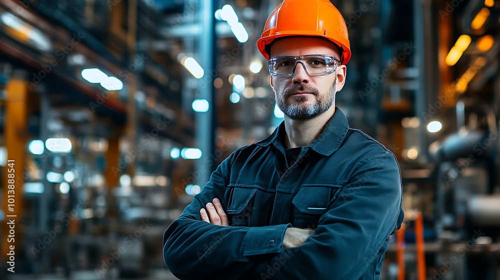 A portrait of an industrial engineer in a hard hat supervising workers in a large industrial facility.