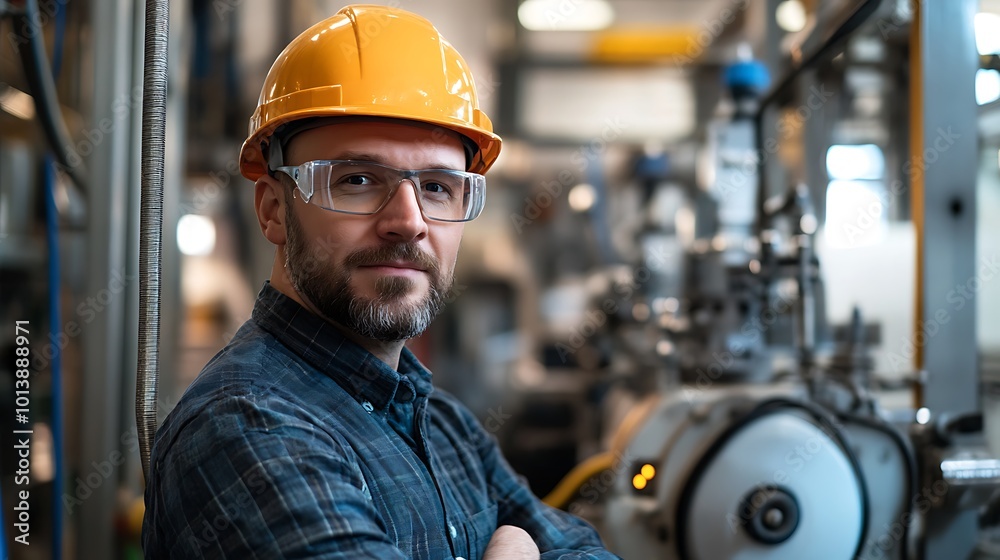 A portrait of an industrial engineer in a hard hat performing diagnostics on a machine in a factory.