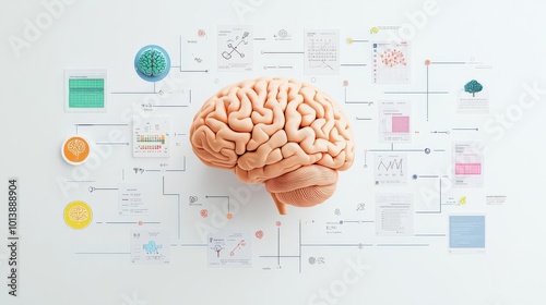 Conceptual image of a brain surrounded by various diagrams and charts representing data analysis and information processing.