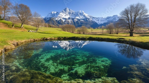 A crystal-clear pond reflecting a snow-capped mountain peak against a blue sky with green grass and trees in the foreground.