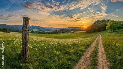 A dirt road winds through a green meadow towards a distant farmhouse, with a vibrant sunset casting warm light across the rolling hills.