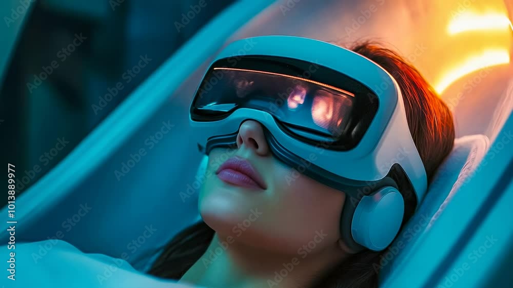 A young Caucasian woman, around 20-30 years old, wearing a VR headset, lies back in a high-tech setting illuminated by soft blue lighting. The scene, set at night, conveys themes of technology,