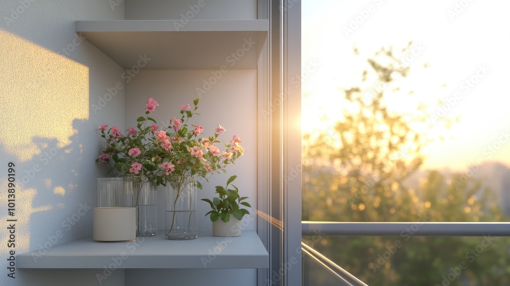 Simple and modern balcony window with minimal flower vases, soft sunlight creating a peaceful and refined atmosphere. Simple and modern balcony window with minimal flower vases, soft sunlight creating a peaceful and refined atmosphere.