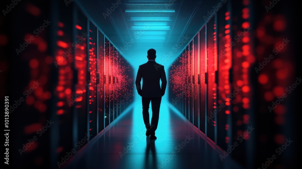 A security guard standing in front of a server room with multiple monitors displaying real time security alerts, showcasing the vigilant nature of cyber threat detection. A security guard standing in front of a server room with multiple monitors displaying real time security alerts, showcasing the vigilant nature of cyber threat detection.