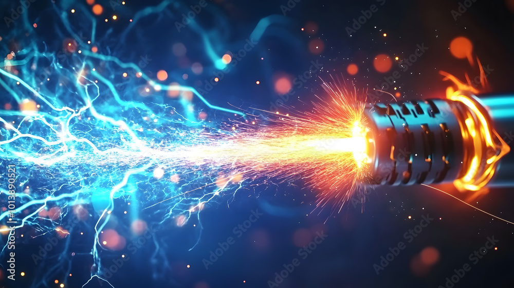Obraz premium Electrical cable break with electric discharge. Power line damage, electricity supply and energy generation industry safety 3d vector banner with electrical cable