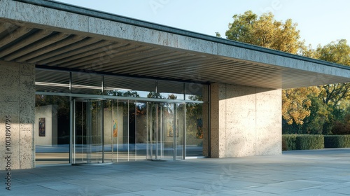 A detailed shot of a contemporary art museum entrance with a cantilevered roof and seamless glass doors