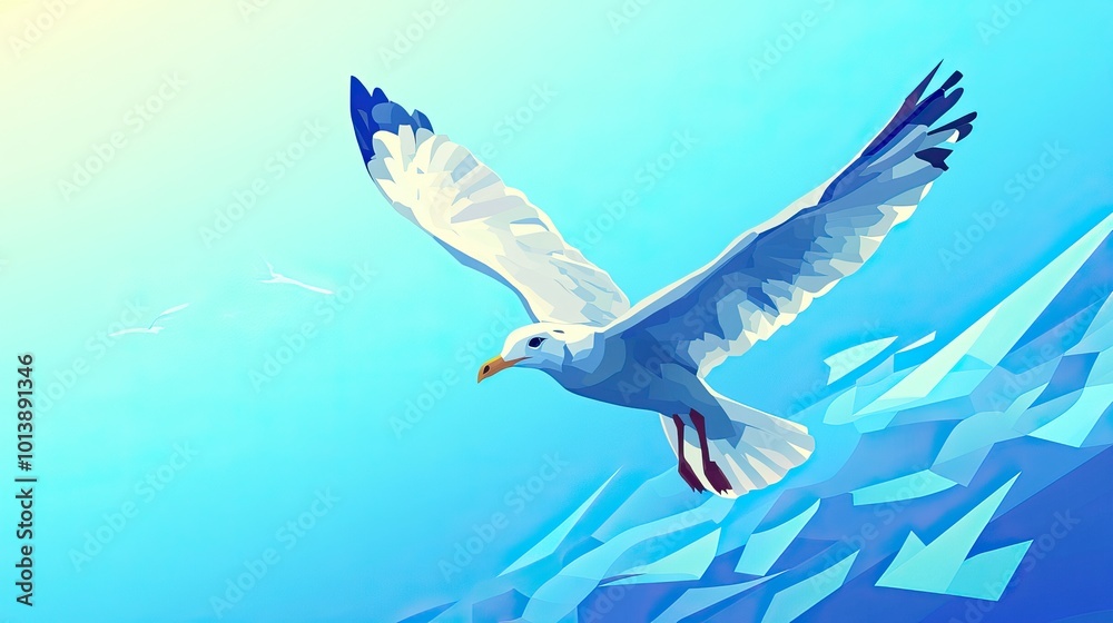 Fototapeta premium Mew Gull soaring through a clear blue sky Seagull flying in a bright blue sky