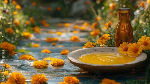 Herbal Ubtan and Aromatic Oil with Marigold Flowers for Abhyanga Snan in Festive Setting photo