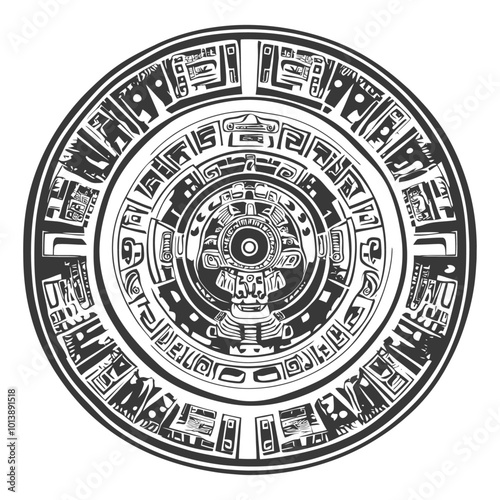 Black and White Circular Mayan Calendar with Central Face