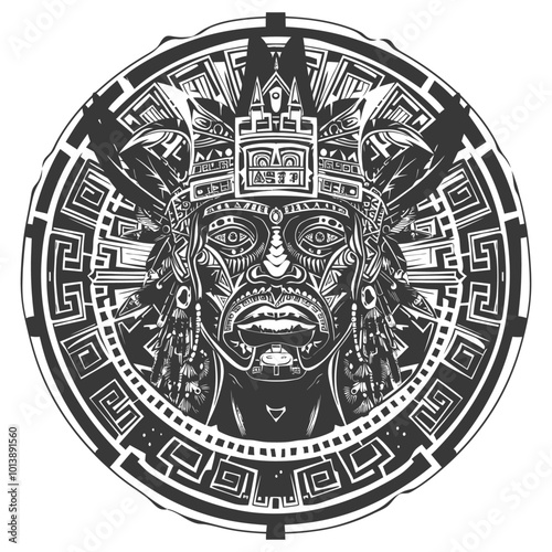Black and White Circular Illustration of an Aztec Style Face with Geometric Patterns