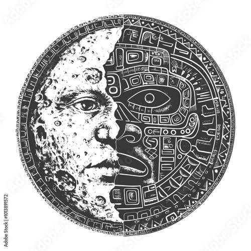 Black and White Circular Design with Moon and Geometric Patterns