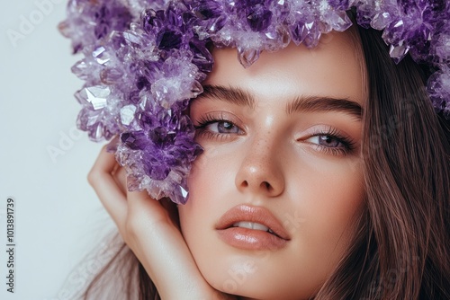 Portrait of beautiful woman with crystal amethyst wreath on her head, perfect, clean skin and makeup. Isolated on white background. Fashion beauty model girl with crystal purple flower hairstyle.