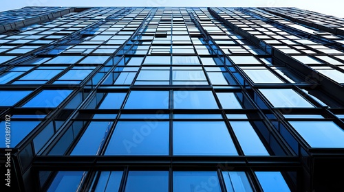 A high-rise buildinga??s facade detail, showcasing a pattern of asymmetrical windows and reflective glass photo