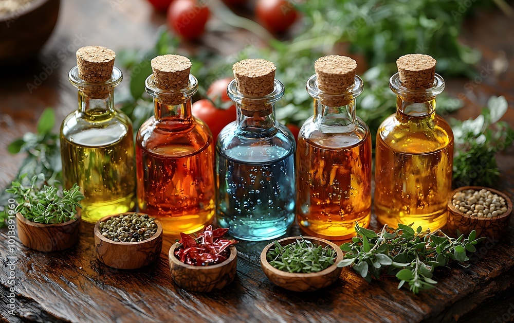 Vibrant selection of flavored oils and fresh herbs in glass bottles with corks on wooden table Vibrant selection of flavored oils and fresh herbs in glass bottles with corks on wooden table