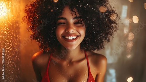 Relaxed Woman in Red Swimsuit Smiling Under Soothing Shower in Modern Bathroom