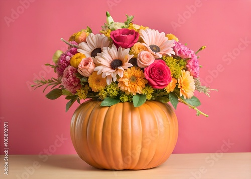 Seasonal fall decoration with pumpkin vase and flower arrangement suitable for fall holidays such as Thanksgiving and Halloween