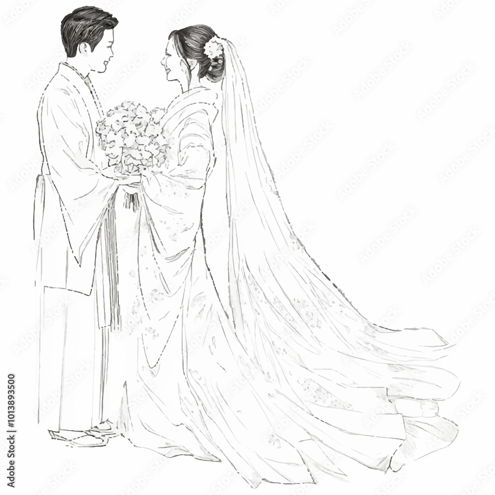 Traditional couple in Japanese wedding attire. Traditional couple in Japanese wedding attire.