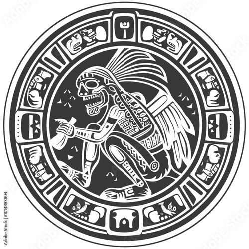 Black and White Aztec Style Round Illustration with a Skull Faced Creature