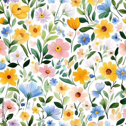 Seamless Floral Pattern: Beautiful Spring Flowers and Leaves for Vintage-Inspired Decor