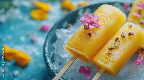 Vibrant Rajwadi Kulfi Ice Cream Pops with Saffron and Nuts on Colorful Background photo