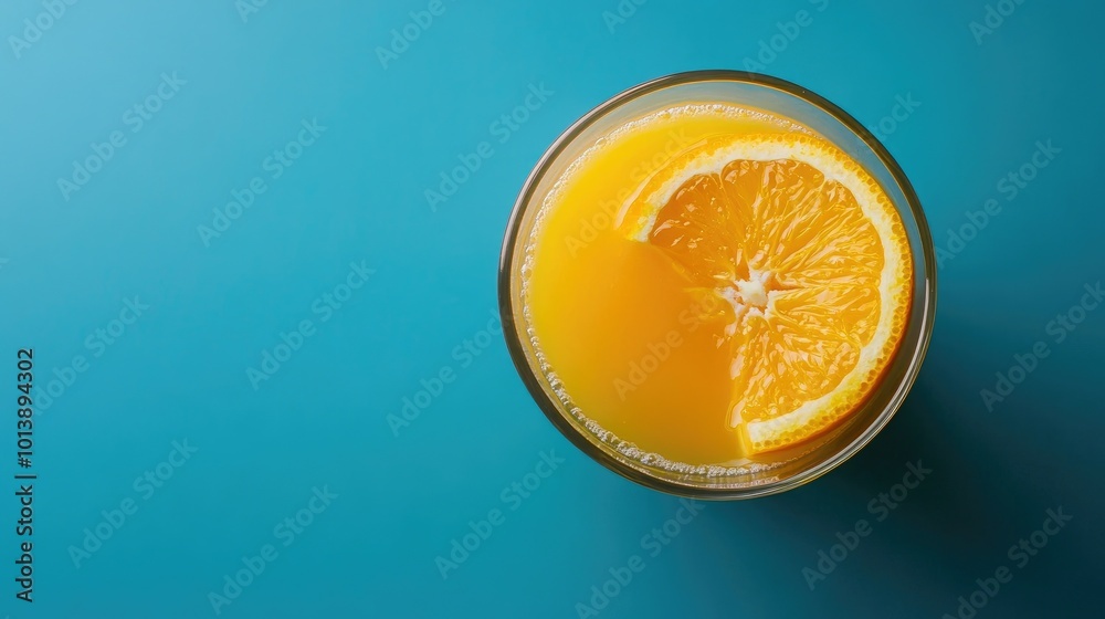 A glass of orange juice with a slice of orange on a blue background. A glass of orange juice with a slice of orange on a blue background.
