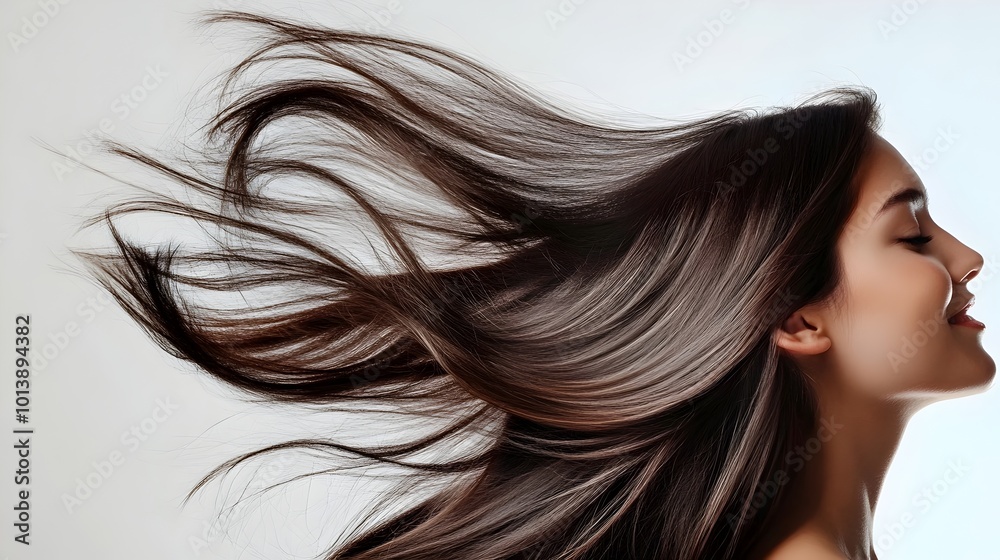 Fototapeta premium Stunning Woman with Luscious Hair Swinging Happily in Studio