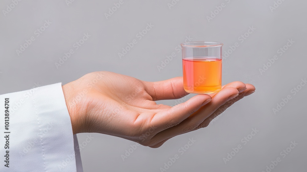 A hand holding a small glass containing a colorful liquid, symbolizing science, health, and experiments in a laboratory setting. A hand holding a small glass containing a colorful liquid, symbolizing science, health, and experiments in a laboratory setting.