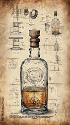 A parchment paper patent drawing for tequila. Liquor bottle blueprint or engineering diagram. 