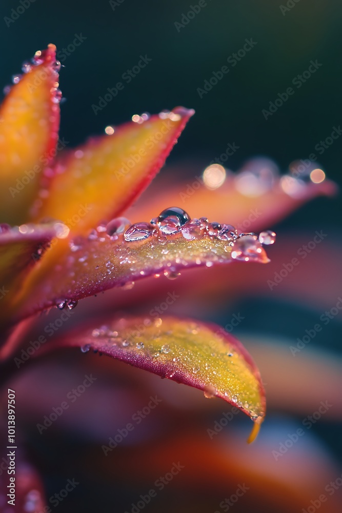 Closeup of water droplets on a colorful leaf after rain Closeup of water droplets on a colorful leaf after rain