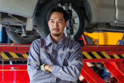 Asian adult male mechanic standing confidently with arms crossed in front of car lift at repair shop. uniform with reflective strips. professional, conveying expertise in vehicle maintenance.