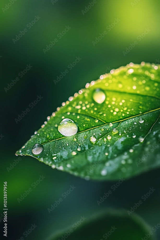 Close up of dew drops on a green leaf in a forest