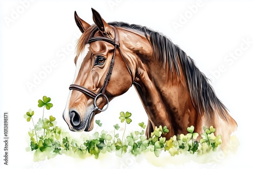 An isolated watercolor brown and black items for a horse grooming and for an equestrian sport, clover flower with four leaves and a four leaf logox