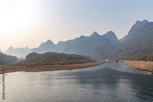Li river (or Lijiang river). Between Yangshuo and Guilin, Guangxi, Lingchuan County, China. photo