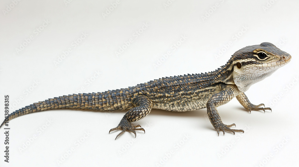 Lizard crawling gracefully on white background with copy space
Lizard crawling gracefully on white background with copy space