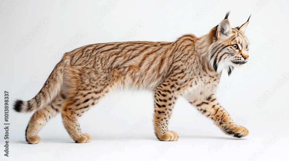Fototapeta premium Lynx walking gracefully on white background with copy space