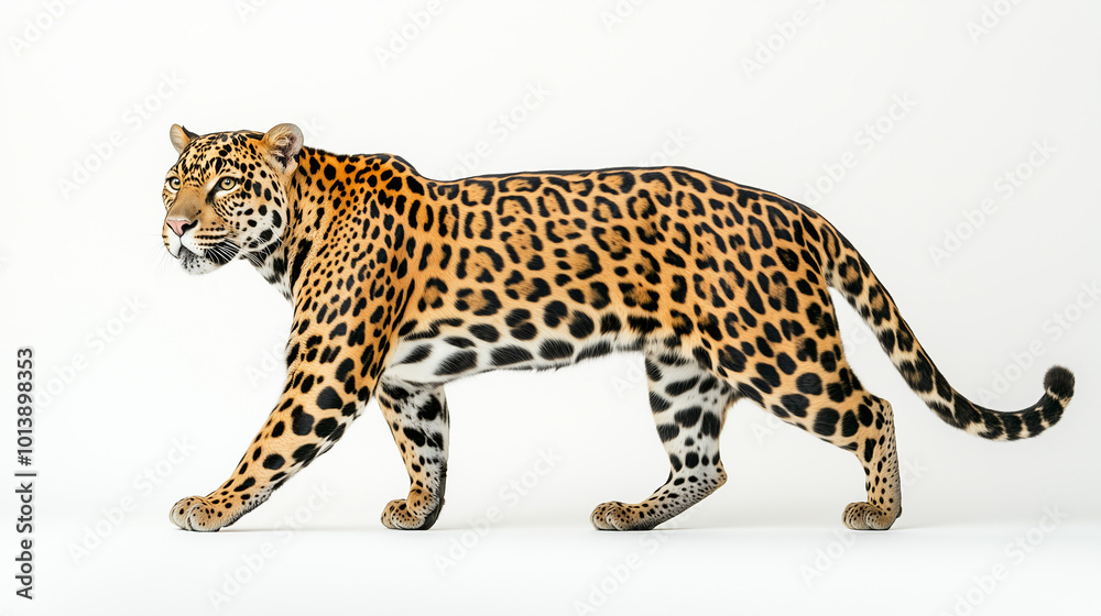 Obraz premium Jaguar walking confidently on white background with copy space
