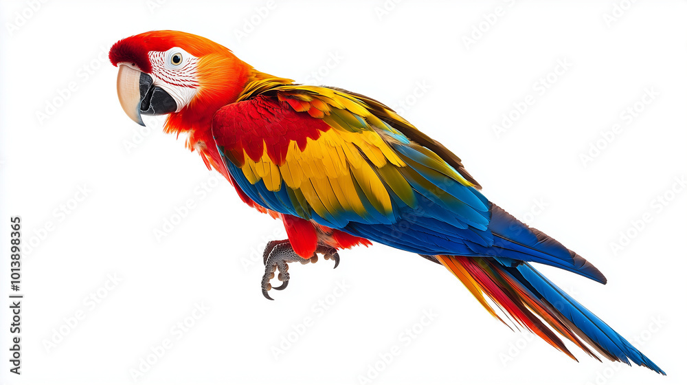 Obraz premium Colorful macaw parrot perched elegantly on white background with copy space