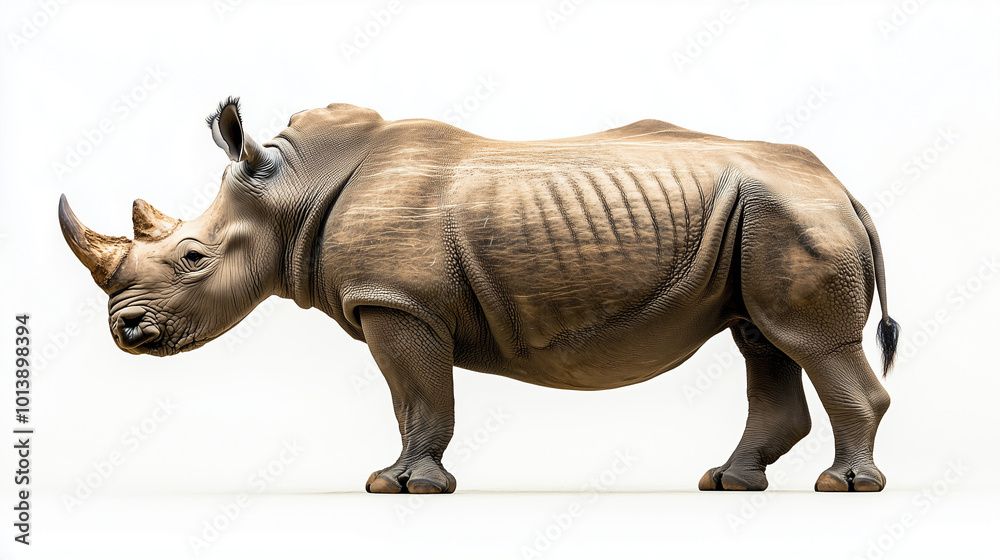 Fototapeta premium Rhinoceros standing proudly on white background with copy space