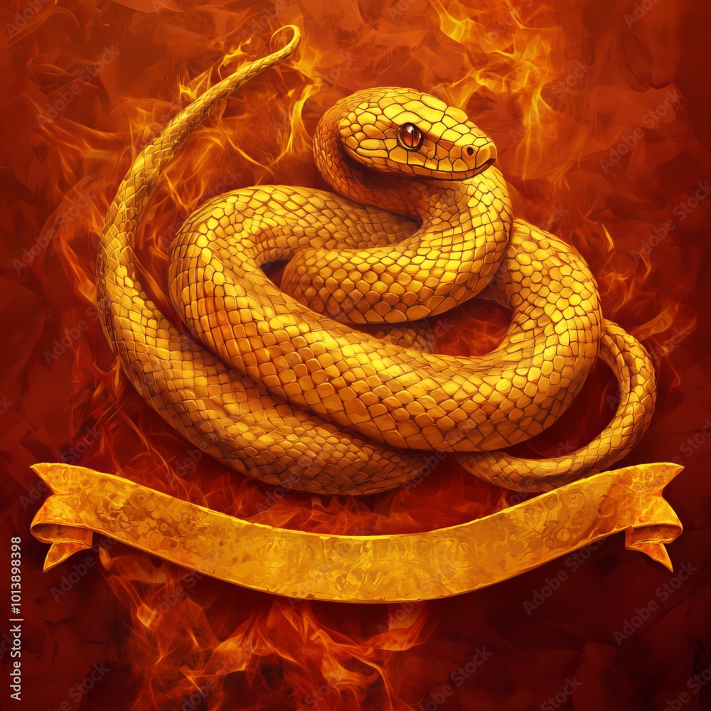Fototapeta premium Golden Serpent in Flames: A majestic golden snake coiled in a defiant pose against a fiery backdrop, adorned with a blank banner ready for your text. Perfect for mystical and powerful themes.