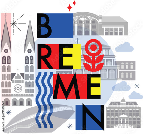 Bremen culture travel set, video split screen, famous architecture in flat design. Business travel, tourism concept clipart. Image for presentation, banner, website, advert, flyer, roadmap, icon