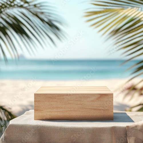 Wooden product display podium on table in front of blurred beach backgroundWooden product stand on the background of the sea and palm leaves photo