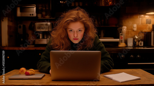 Worker with a notebook working remotely at night in a cozy kitchen.