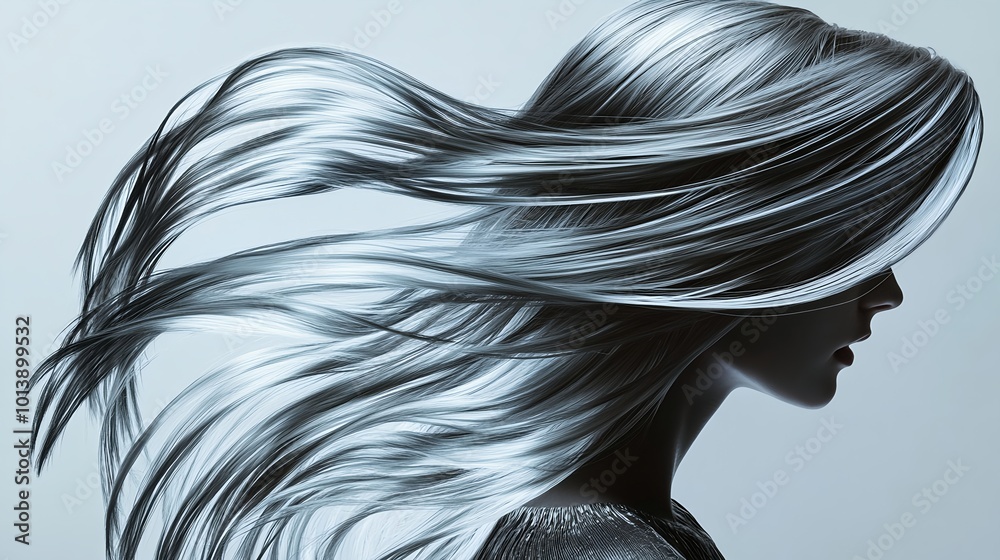 Dynamic Grayscale Portrait of a Woman with Flowing Hair in the Wind Dynamic Grayscale Portrait of a Woman with Flowing Hair in the Wind