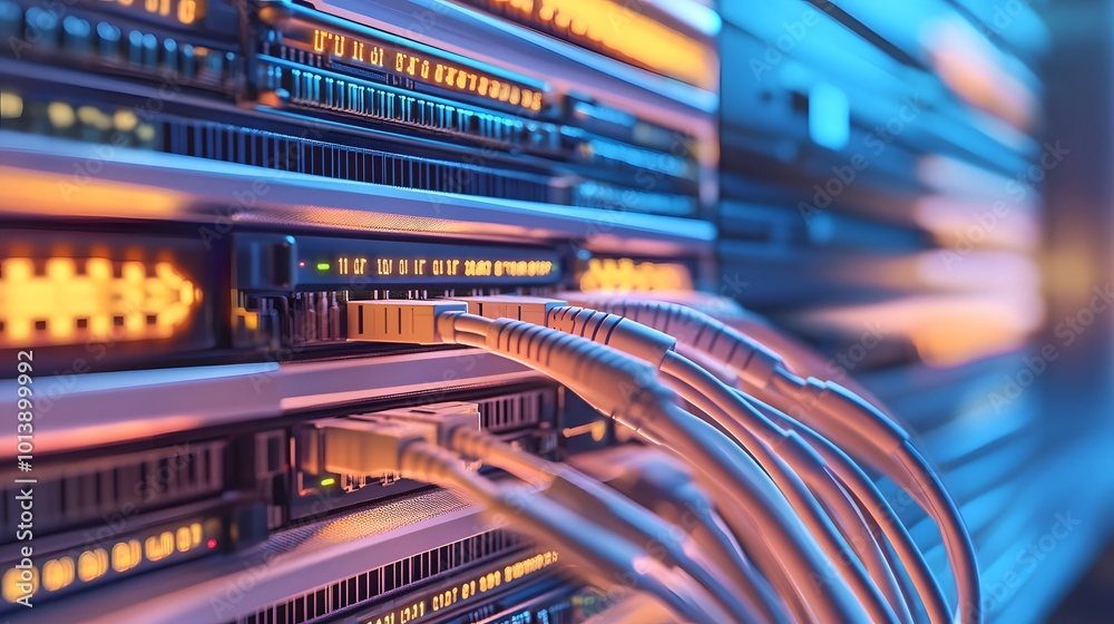 Information Technology Computer Network with Ethernet cables connected to an internet switch in a data center, emphasizing connectivity and data transmission Information Technology Computer Network with Ethernet cables connected to an internet switch in a data center, emphasizing connectivity and data transmission