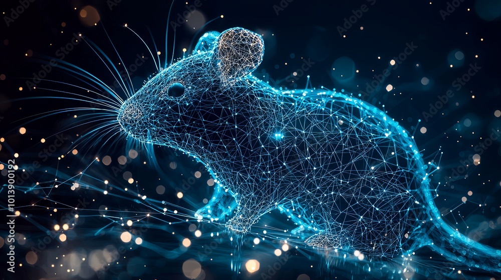This digital artwork features a glowing blue mouse composed of intricate interconnected lines, set against a dark, sparkling background with bright spots. This digital artwork features a glowing blue mouse composed of intricate interconnected lines, set against a dark, sparkling background with bright spots.
