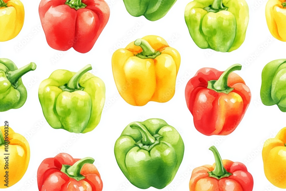 Green, yellow, red bell peppers isolated on white background. Watercolor seamless pattern of vegetables, raw pepper. Hand-drawn healthy food. Green, yellow, red bell peppers isolated on white background. Watercolor seamless pattern of vegetables, raw pepper. Hand-drawn healthy food.
