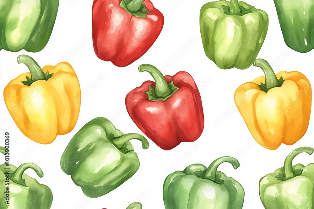 Green, yellow, red bell peppers isolated on white background. Watercolor seamless pattern of vegetables, raw pepper. Hand-drawn healthy food. Green, yellow, red bell peppers isolated on white background. Watercolor seamless pattern of vegetables, raw pepper. Hand-drawn healthy food.