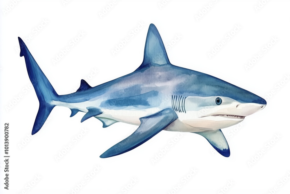 Fototapeta premium Hand-drawn watercolor grey reef shark illustration isolated on white background. Underwater ocean creature. Marine animals collection