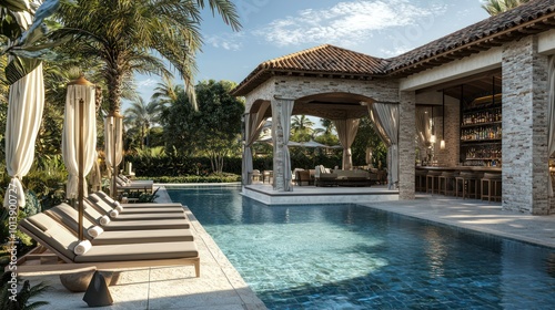 A luxury outdoor pool area with a cabana, sun loungers, and a poolside bar, offering a resort-like atmosphere