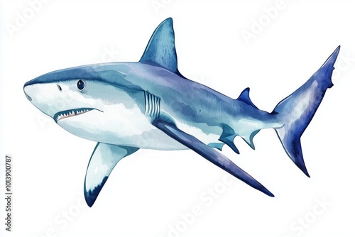 Hand-drawn watercolor grey reef shark illustration isolated on white background. Underwater ocean creature. Marine animals collection